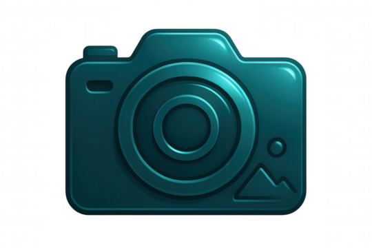 Glossy turquoise camera icon representing photographic imagery, floating against transparent backdrop, conveying visual communication and media concept