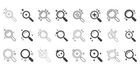 Magnifying Glass with Sparkles Icon Set – Search, Discovery, and Inspection Symbols in Line and Solid Styles