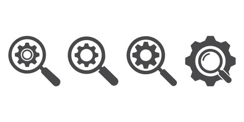 Search Settings Icons – Gear and Magnifying Glass Symbol Set in Outline and Solid Styles
