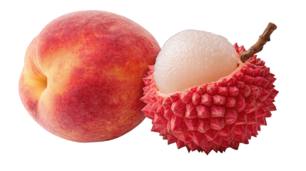 Ripe Lychee and Peach on Transparent Background