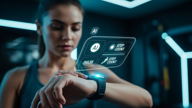Futuristic Woman Checking Smartwatch with Augmented Reality Displays in a High-Tech Gym Environment Emphasizing Digital Fitness Technology, Wearable Devices, and Modern Health Monitoring Solutions