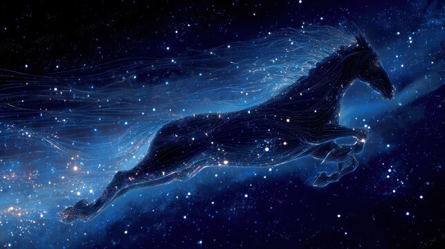 Dark horse silhouette, striding through a starlit nebula