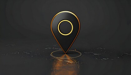 A black map pin with gold accents, on a dark surface