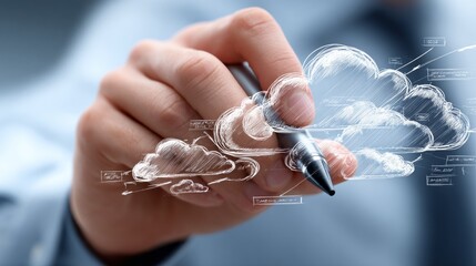 Creative cloud concept drawn by hand with a pen during a brainstorming session in a modern office environment