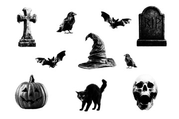 Retro elements of a Halloween collage in halftone style. Vector illustration featuring a pumpkin, a skull, a cat, a gravestone, and a cross.