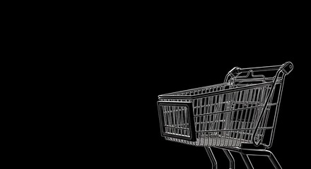 High-Resolution Digital Wireframe Illustration of an Empty Shopping Cart on Black Background for E-Commerce, Retail, and Business Marketing Visuals, with Modern Line Art Style Highlighting Consumer