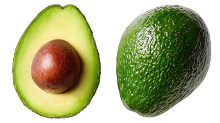 Ripe Green Avocados Halved and Whole on Transparent Background