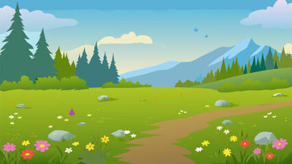 Fototapeta premium a serene landscape with mountains trees flowers and a winding path
