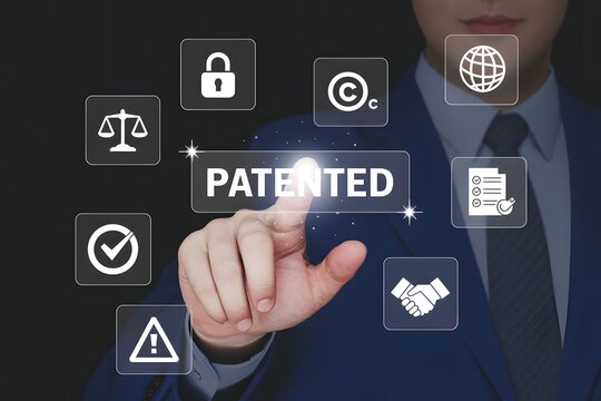 A person in a suit touching a patented button surrounded by legal and business icons on a screen - Powered by Adobe