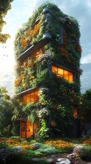 Lush green building with vibrant flowers and integrated nature photo