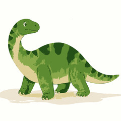A cute, green cartoon dinosaur with dark green splotches on its body and neck, standing on a light brown surface.