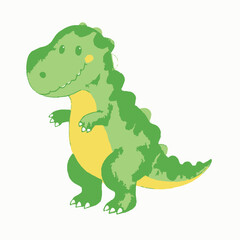 Fototapeta premium Cute cartoon green dinosaur with a yellow belly standing and smiling on a white background, perfect for children's designs.