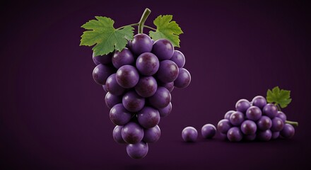 Fototapeta premium Fresh Purple Grapes with Leaves on Dark Background for Healthy Snacks