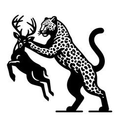 Illustration of a leopard preying on a deer with large antlers in a black and white style design
