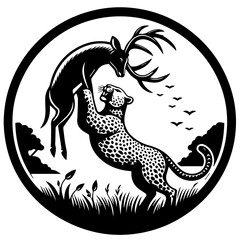 Black and white illustration of a leopard attacking a deer in a natural habitat scene inside a circle