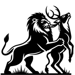 Illustration of a lion attacking a deer with antlers in a black and white vector graphic design style