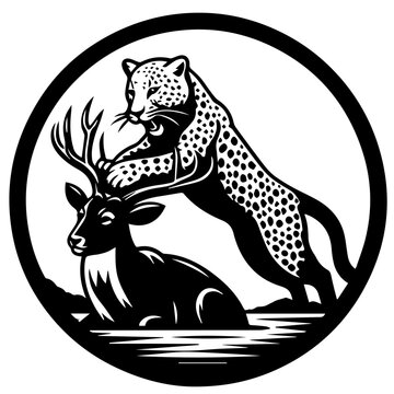 Black and white illustration of a leopard attacking a deer in a circular frame design element