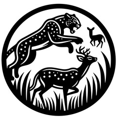 Black and white illustration of a leopard leaping above two deer in a circular composition design