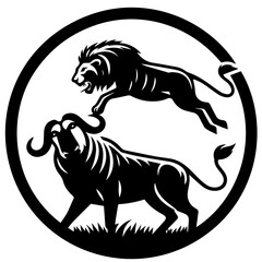 Black and white illustration of a lion leaping over a buffalo inside a circle with grass below it