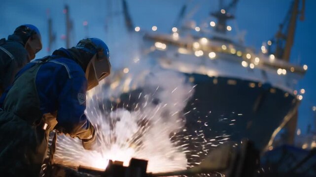 Shipbuilders in safety gear weld on a massive ship in a floating dry dock, with sparks lighting up the dim factory.