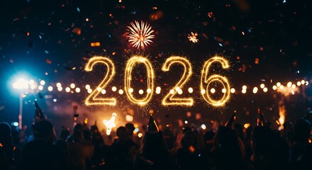 Celebratory crowd with '2026' illuminated in fireworks against a night sky