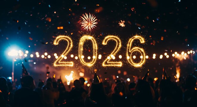 Celebratory crowd with '2026' illuminated in fireworks against a night sky