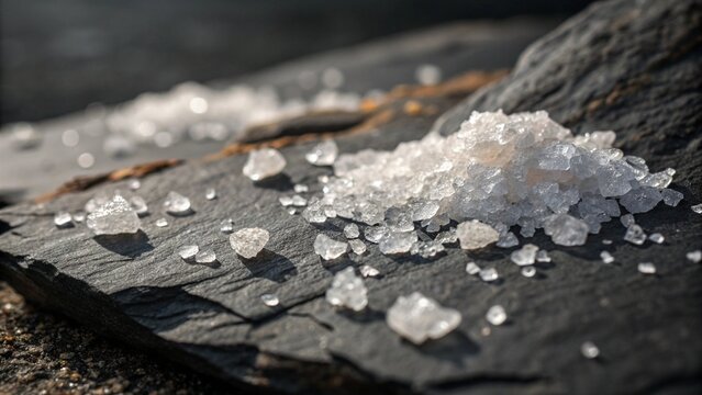 Close-up of Sparkling Sea Salt Crystals on Dark Slate, Natural Light, Textured Background