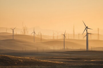 Wind turbines and transmission towers in a hazy golden landscape with rolling hills