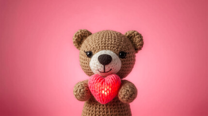 Cute handmade crochet bear holding bright red heart, symbolizing love and affection. Displayed against soft pink background, charming arrangement conveys warmth, care, and tenderness.