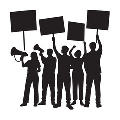 A black and white silhouette image of five people protesting. 