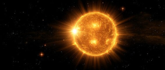 A close-up view of the Sun radiating intensely in space with vibrant rays of light