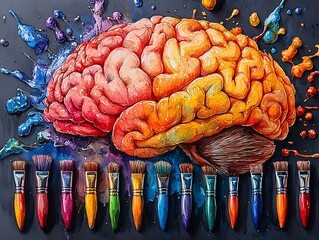 Colorful Brain Painting With Rainbow Sequence Of Paintbrushes