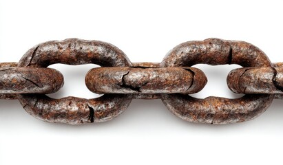 A transparent background provides the setting for a closeup view of a metal chain that has undergone significant weathering and rusting, conveying notions of strength, connection, and time's impact