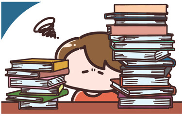 たくさんの本に囲まれながらやる気が出ない女性のイラスト