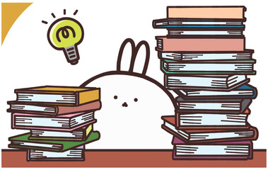 たくさんの本に囲まれながら閃いているウサギのイラスト