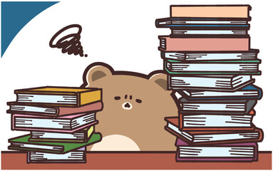 たくさんの本に囲まれながらうんざりしているクマのイラスト