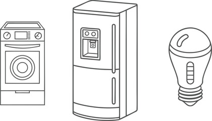 Adobe Illustrator Artwork A vector line art illustration of household appliances including a washing machine, refrigerator, and light bulb