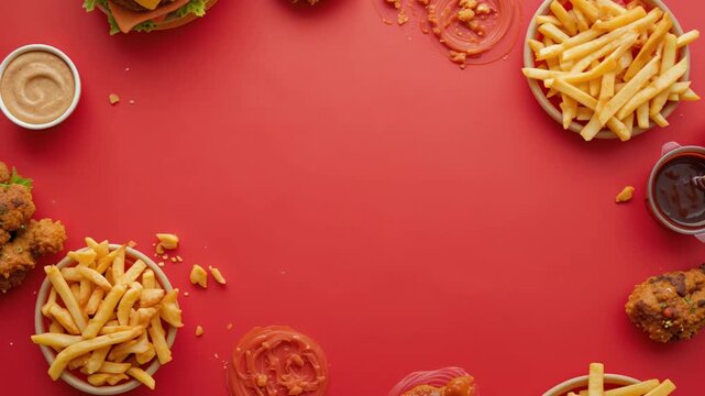 Overhead shot of burger, fries, chicken, and sauces on a vibrant red background layout