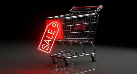 Modern retail shopping cart with illuminated red sale tag and glowing sale sign, symbolizing discounts, shopping discounts, retail sales, and promotional offers for e-commerce and retail marketing