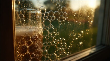 A glass of light amber liquid, likely beer, is seen through a window covered in soapy bubbles.  Golden light filters through, illuminating the bubbles and the slightly out-of-focus garden beyond
