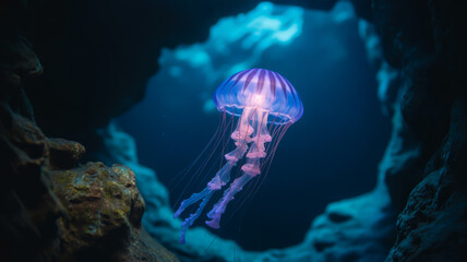 Fototapeta premium A mesmerizing jellyfish gracefully dances in the deep blue sea, its translucent body illuminated by an ethereal glow, creating a captivating spectacle