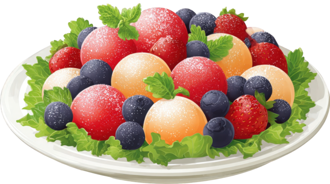 Sweet Red And Peach Fruit Dessert with Blueberries on White Plate