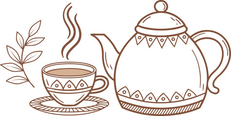 A vector line art illustration of a teapot, cup of tea on a saucer, and a sprig of leaves
