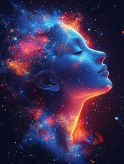Serene Face Profile Merging With Blue And Orange Cosmic Nebulae