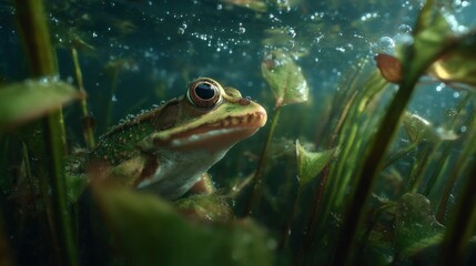 Captivating underwater portrait of a frog amidst aquatic flora with bubbles