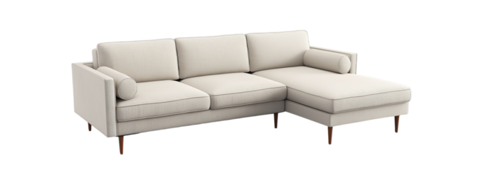 3d model of a  sofa with buttons, a scandinavian-style sofa with wooden legs, at a 45-degree angle, against a gray background, with a perspective grid on the floor and in the bottom-left corner 