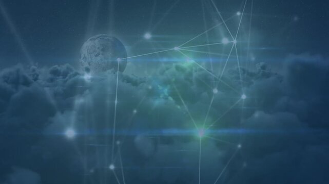 Glowing network of connections over moon and clouds in the sky