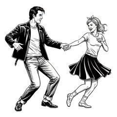 Retro couple dancing rock and roll isolated on transparent background