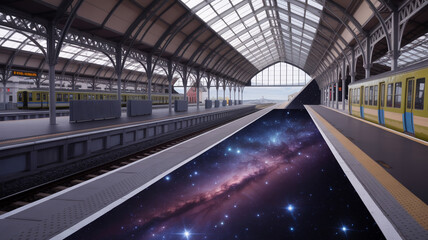 Obraz premium A surreal train station platform with a cosmic galaxy floor, blending transportation with the wonders of space and the universe