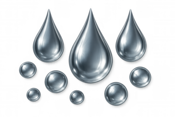 Metallic liquid droplets cascading dynamically, forming fluid silver patterns against translucent surface